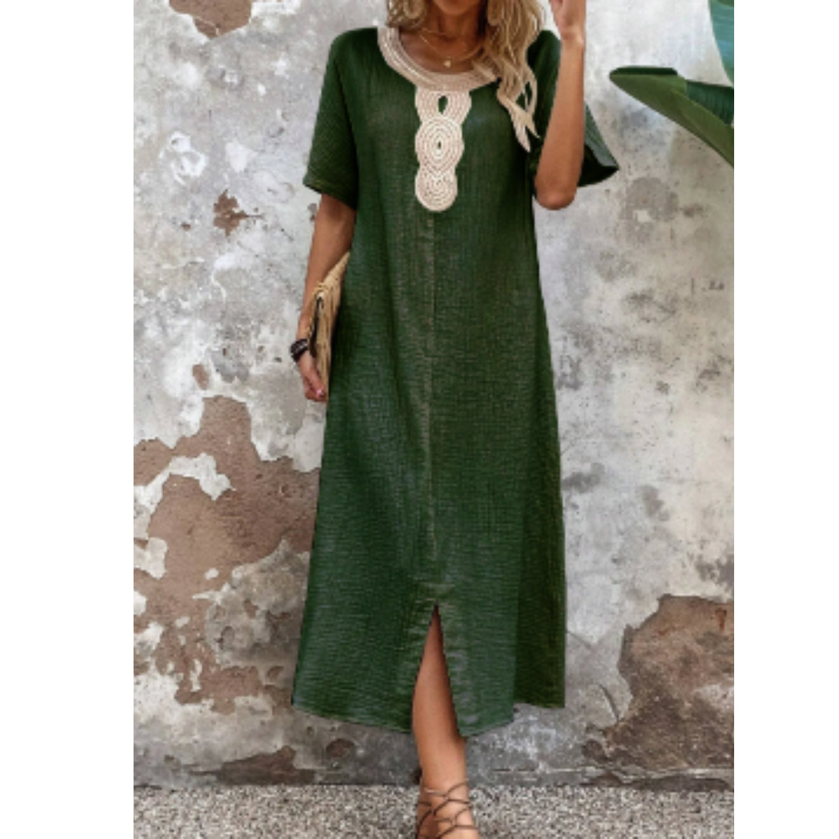 Damska sukienka z bawełny i lnu z okrągłym dekoltem i długą spódnicą