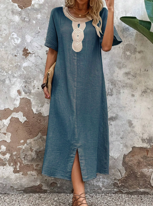 Damska sukienka z bawełny i lnu z okrągłym dekoltem i długą spódnicą